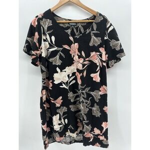 Liz Claiborne Shift Linen Blend XL Dress Black Floral Tiered Hem Boho FF48